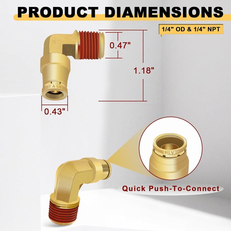 Siptenk 1/4" Elbow DOT Brass Push to Connect Air Line Fittings 5 PCS, 1/4" OD Tube x 1/4" NPT Thread Air Brake Line Quick Connect Fittings for Truck Trailers Industry Air System - Image 5